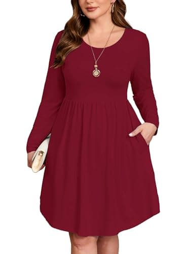AusLook Women's Plus Size Long Sleeve Midi Dress Crewneck Casual Empire Waist Loose Flowy Dresses A-Line Boho Party 2025 Fall Winter Long Burgundy 4X Dress Vacation Outfit with Pockets - Image 1