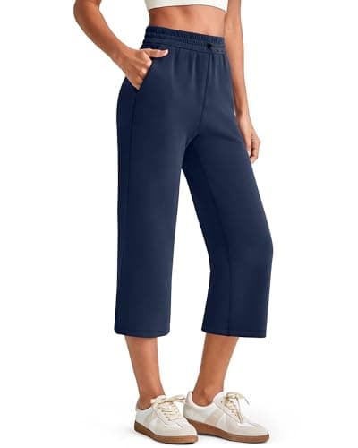 G4Free Casual Pants for Women High Waisted Lounge Pants Wide Leg Capri Pants with Pockets Soft Comfy Stretch Capris for Summer(Dark Navy,Regular) - Image 1