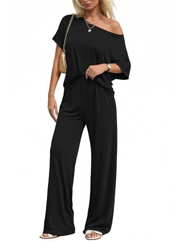 KIRUNDO Lounge Sets for Women Airport Travel Outfit 2026 Summer Off the Shoulder Tops Wide Leg Pants 2 Piece Matching Set(Black, Small) - Image 1