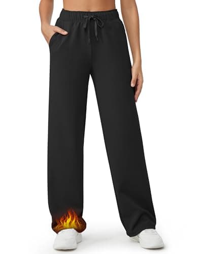 G4Free Fleece Lined Pants Women Wide Leg Sweatpants with Pockets Warm Winter Loose Pants Casual Work Yoga Outfits (Black,L,31") - Image 1