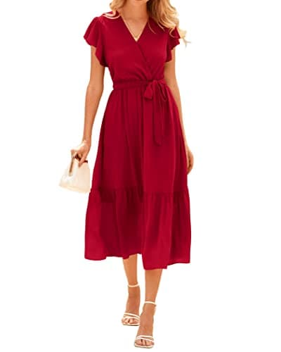 BTFBM Women Summer Bohemian Floral Casual Wrap V Neck Ruffle Cap Sleeveless Belt A-Line Pleated Hem Swing Midi Sun Dress (Solid Red, Large) - Image 1
