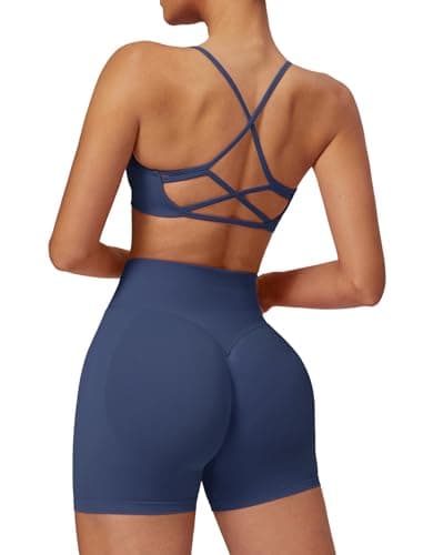 Women 2 Piece Workout Sets Criss Cross Sports Bra High Waist Booty Lifting Shorts Seamless Yoga Gym Outfits Blue Gray M - Image 1