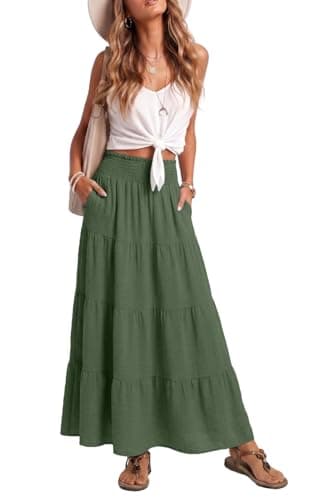 Lepunuo Womens Boho Casual Maxi Skirts Flowy Elastic High Trendy Waisted A-Line Long Skirts with Pockets Beach Vacation - Image 1