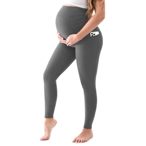 Walifrey Women's Maternity Leggings with Pockets Over The Belly,Pregnancy Yoga Pants Activewear Workout Leggings Grey XXL - Image 1