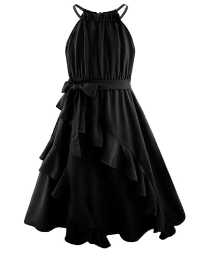 Black Dress for Girls 10-12 Sleeveless Halter Ruffle Tie Back A-Line Flowy Midi Elegant Semi Formal Prom Party Dresses - Image 1