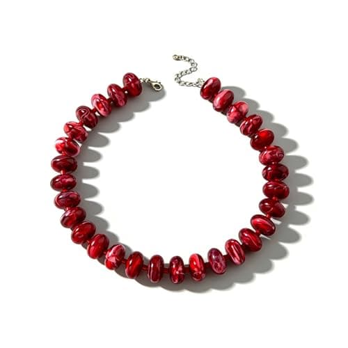 ANGLEQUEEN Deep Red Swirl Chunky Beaded Choker Necklace for Women - Bold Statement Large Acrylic Beads Collar, Trendy Summer Vacation Jewelry Gifts for Mothers Day, Daily Party Bold Necklace - Image 1