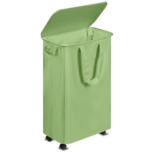 Slim Laundry Hamper with Wheels,15 Gal (55L) Rolling Laundry Basket with lid and wheels Clothes Hamper Foldable Tall Dirty Clothes Basket Sturdy Collapsible Clothes Hamper for Dorm,Laundry Room - Image 1