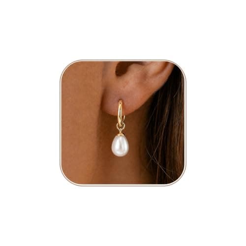 Gold Pearl Drop Earrings for Women Pearl Dangle Huggie Hoops - Image 1