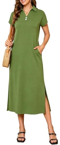 BEXIBOOM Women's Shirt Dress, Summer Maxi Dress with Sleeves, V Neck Collared Cap Sleeve Casual Long Dress with Pockets for Vacation Olive Green-XL - Image 1