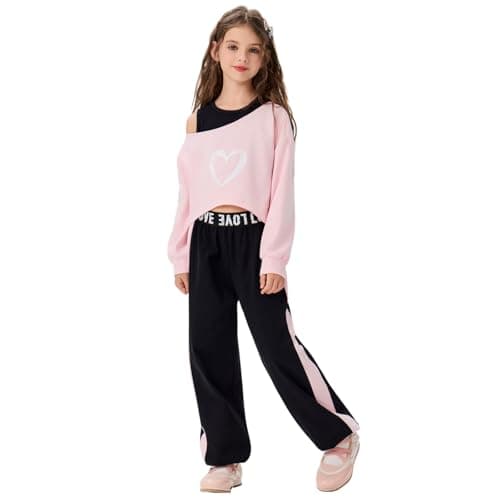 MIANZHI Girls 3 Piece Outfits Graphic Crop Top Camisole and Sweatpants Set Fall Workout Shirt Tank and Pants Overalls Pink 5-6 Years - Image 1