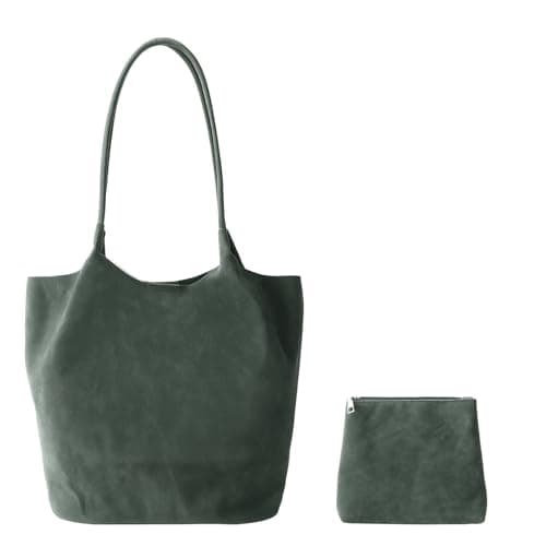Large Suede Tote Bag for Women, Soft Vegan Leather Hobo Handbag Trendy Top Handle Shoulder Purse Slouchy Bucket Bag (Green) - Image 1
