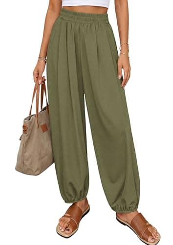 PRETTYGARDEN Womens 2026 Summer Casual Pants High Waisted Loose Wide Leg Palazzo Pockets Lounge Beach Travel Trousers Outfits (Army Green,Small) - Image 1