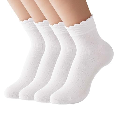 Vinacimos 4 Pairs Ruffle Socks for Women, White Ankle Socks with Elastic Frilly Cuff, Summer Soft Cotton Socks, Lettuce Edge Socks for Ladies and Girls, Size 5-11 - Image 1