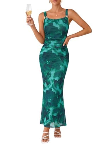 ZAFUL Green Bodycon Dress for Women's Sexy Wedding Guest Dress Formal Sleeveless Mesh Ruched Bodycon Maxi Party Long Dresses - Image 1