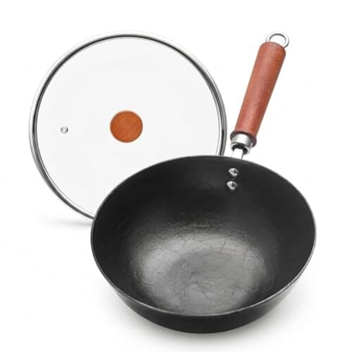 VIVIDCOOKWARE 10.2 Inch Cast Iron Wok with Tempered Glass Lid, Flat Bottom Small Chinese Wok Pan, Uncoated Stir Fry Pan with Wooden Handle, 2.7 Qt for 1-3 Servings, Induction Gas Electric - Image 1