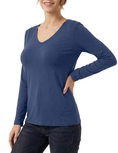 GAMISS Women's Shirt Solid Color Top Underlayer V Neck Long Sleeve Minimalist Tee Blue M - Image 1