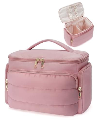 WANDF Travel Toiletry Bag for Women, Wide-open Large Makeup Bag with Handle, Puffy Makeup Organizer for Toiletries, Cosmetics, Accessories, Essentials (Dusty Pink) - Image 1
