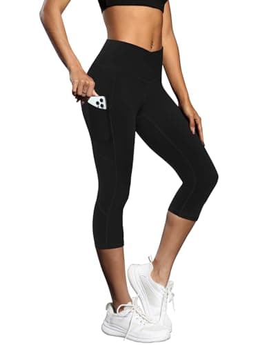 Fihapyli ICTIVE Women's Capris Yoga Pants with Pockets Crossover High Waisted Fitness Running Leggings Black S - Image 1