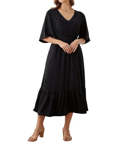 Women's Black High Empire Waist Formal Dress with Pockets Ladies V Neck Enco Half 3/4 Three Quarter Sleeve Maxi Long Casual Summer Fall Loose Fit Dresses for Seniors - Image 1