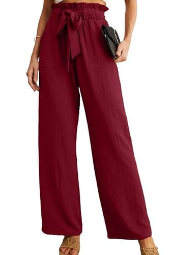 HiMONE Petite Wide Leg Pants for Women High Waisted Paperbag Waist Elastic Pull On Ankle Length Casual Dressy Trousers with Pockets Wine Red - Image 1