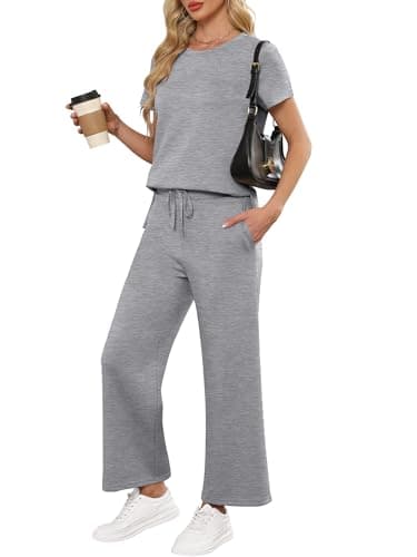 ANRABESS Women 2 Piece Lounge Sets Summer Travel Sweat Outfits Short Sleeve Wide Leg Casual Matching Tracksuits Clothes Grey X-Small - Image 1