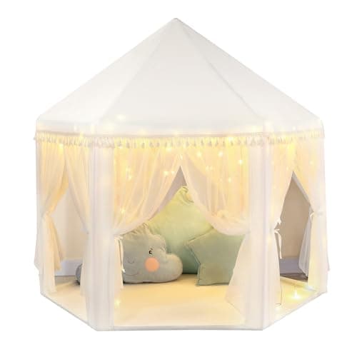 Monobeach White Princess Tent Girls Tassel Decor Large Playhouse Kids Castle Play Tent with Star Lights Toy for Children Indoor and Outdoor Games, 55'' x 53'' (White Princess Tent with Tassel) - Image 1