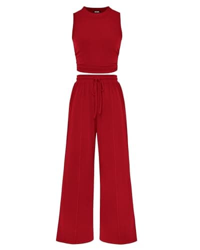 BTFBM Summer Outfits For Women 2026 Ribbed Sleeveless Tank Tops Wide Leg Pants 2 Piece Sets Lounge Set Clothing(Red, Small) - Image 1