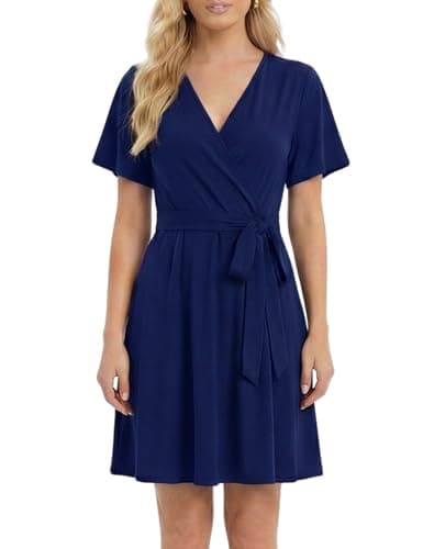 Aphratti Women's Summer Faux Wrap Dress V Neck Short Sleeve High Waist Fit and Flare Casual Swing A Line Sundress Royal Blue Medium - Image 1