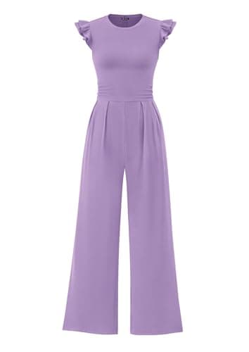 PRETTYGARDEN Summer Jumpsuits for Women Dressy 2026 Fashion Ruffle Cap Sleeve Romper Crew Neck Rib Knit One Piece Outfits (Light Purple,X-Large) - Image 1