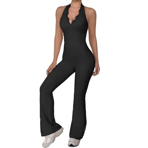 KAIFUYING Women Workout Scrunch Flare Jumpsuits Lace Deep V Hanging Neck Halter Backless Butt Lift Gym Yoga Jumpsuits SexyJumpsuits Workout Jumpsuits for women black-M - Image 1
