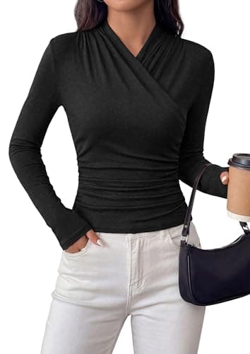 PRETTYGARDEN Womens Long Sleeve Shirts 2026 Fall V Neck Cross Wrap Going Out Top Ribbed Ruched Fitted Business Casual Clothes (Black,Small) - Image 1