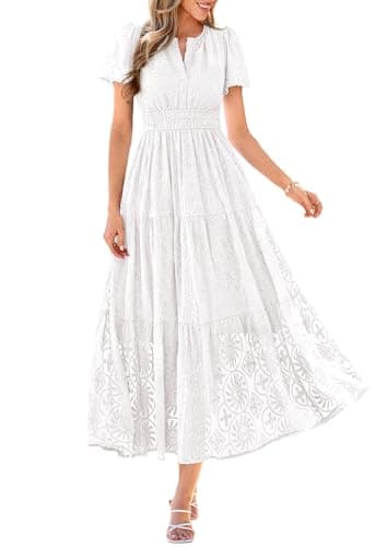 PRETTYGARDEN Womens Boho Maxi Dress 2026 Floral Summer Spring Short Sleeve V Neck A Line Embroidered Beach Vacation Dresses (White,Medium) - Image 1