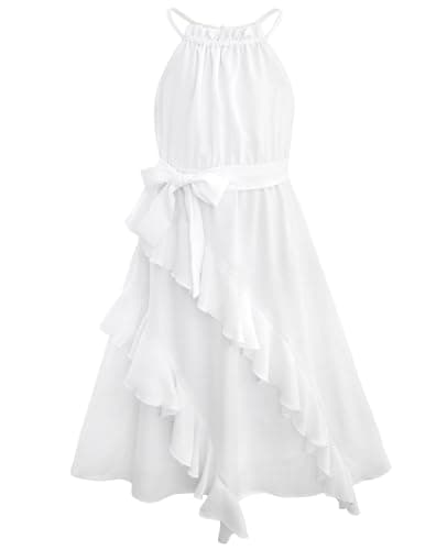 HOZIY Tween Dresses 10-12 Girls Ruffle Halter Neck Kids Chiffon Sleeveless Summer Juniors Casual White Party Dress with Belt - Image 1