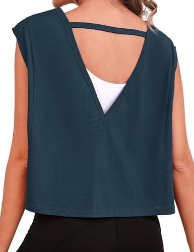 Quenteen Women Cropped Open Back Sleeveless Tank Tops Casual Yoga Y2k Athletic Gym Loose Fit Shirts Navy Blue S - Image 1