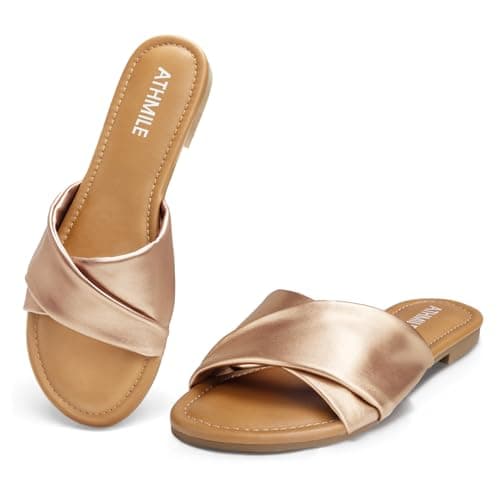 ATHMILE Sandals Women Dressy Summer Flat Comfortable Fashion Beach Cute Ladies Slides Leather Casual Dress Women's Sandals 2025 Gold Size 7 - Image 1
