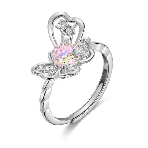 Birthstone Butterfly Ring - 925 Sterling Silver Firework-Cut April Diamond Cubic Zirconia Adjustable Ring Anniversary Engagement Promise Ring Birthday Jewelry Gift for Women Wife Daughter DR0165W - Image 1