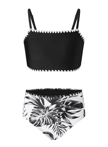 blibean Tween Girls Swimsuit Teen Two Piece Bathing Suit Little Kids Hawaii Bikini Sets Junior High Waisted Swimwear Floral Boho Swimming Suits Beach Traje Baño Niñas Size 6-7 Year Old Black - Image 1