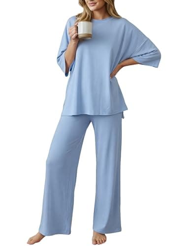PATPAT Lounge Sets for Women Short Sleeve Pajama Set Soft Comfy Elastic Pjs 2 Piece Loungewear Outfits with Pockets Light Blue, XXL - Image 1
