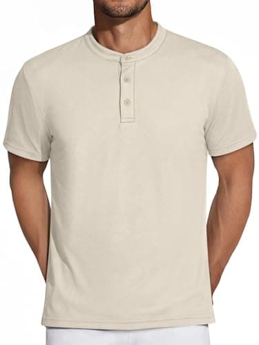 Crastimo Mens Henley Short Sleeve T-Shirt High Stretchy Regular Fit Moisture Wicking Lightweight Soft Texture Fabric Ribbed Knitted Waffle Off White XS - Image 1