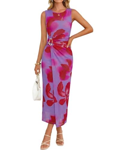 ZESICA Women's 2026 Summer Floral Bodycon Midi Dress Sleeveless Crewneck Mesh Ruched Wedding Guest Party Long Dresses,Purple,Medium - Image 1