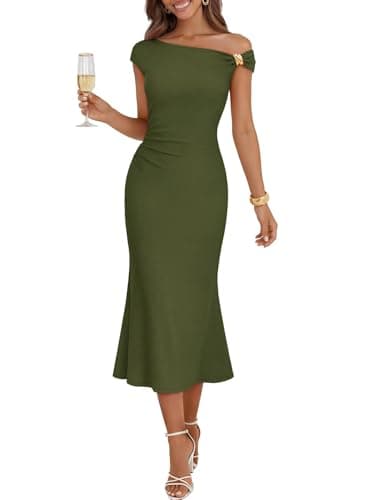 MEROKEETY Women's Wedding Guest One Shoulder Dresses 2026 Summer Formal Elegant Cocktail Party Midi Dress, ArmyGreen, L - Image 1