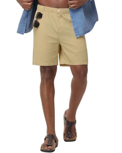 ZKMAN Mens Linen Shorts Casual 7 Inch Summer Beach Shorts Breathable with Zipper Elastic Drawstring Waist(Light Khaki XL) - Image 1