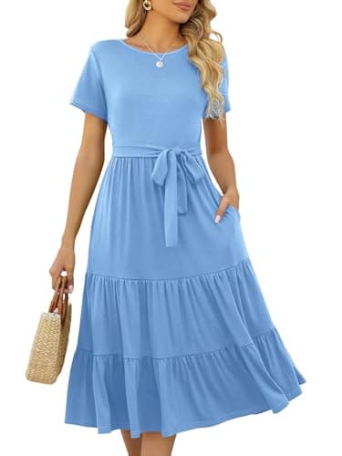 Lyrur Womens Baby Blue Dress Short Sleeve Modest Wedding Guest Midi Dress (M,9191-Light Blue) - Image 1