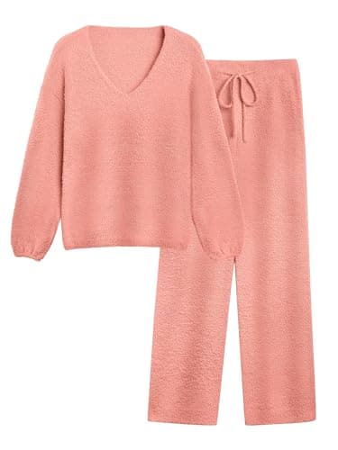GKBK Womens 2 Piece Outfits Knit Sweater Sets Fuzzy Fleece Long Sleeve Top Wide Leg Pants Loungewear Matching Lounge Set 2026 Fall Winter Fashion Clothes Rust M
