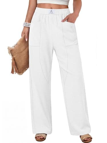ANRABESS Womens Casual Pants 2026 Summer Loose Fit Lounge Pants with Pockets High Waisted Elastic Waist Straight Leg Trousers White L - Image 1