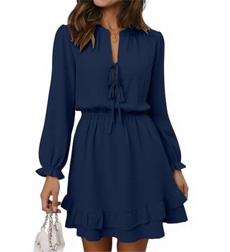 Angashion Womens Fall Long Sleeve Mini Dress: Self Tie V Neck Elastic Waistband Layer Ruffle Hem Dress with Pockets Navy Blue Large - Image 1