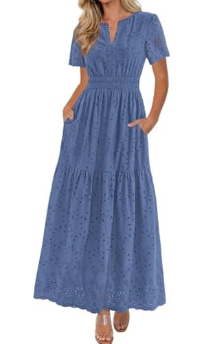 PRETTYGARDEN Short Sleeve Summer Dresses for Women 2026 Elegant Classy Boho High Waist A Line Pleated Wedding Guest Dress (Dusty Blue, Small) - Image 1