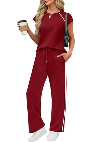 PRETTYGARDEN Two Piece Sets for Women 2026 Summer Vacation Outfits Cap Sleeve Tops Lounge Pants Matching Set Fashion Clothing (Burgundy,XX-Large) - Image 1