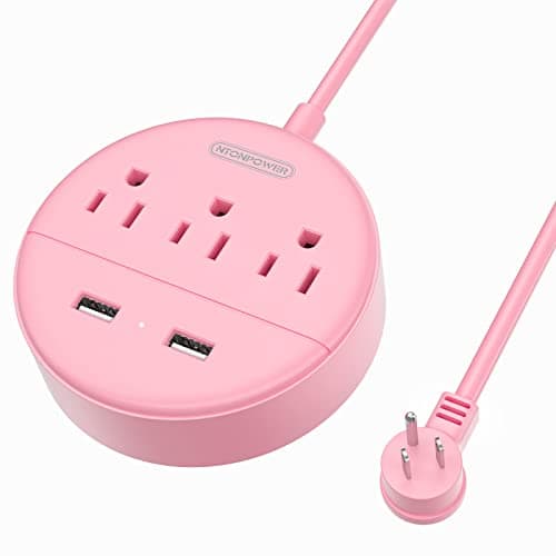 Rose Pink Power Strip with USB, NTONPOWER Flat Plug Extension Cord Nightst&Desktop Charging Station with 3 Outlet &2 USB, Wall Mount, Small Size for Dorm Room Home Office Travel, ,'5 FT Cord - Image 1