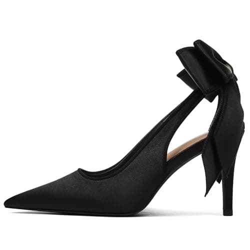 Mattiventon Black Slingback Heels for Women Pointed Closed Toe Stiletto Heels with Bow Tie Wedding Shoes for Bride Satin Dress Pumps Shoes for Prom Party - Image 1